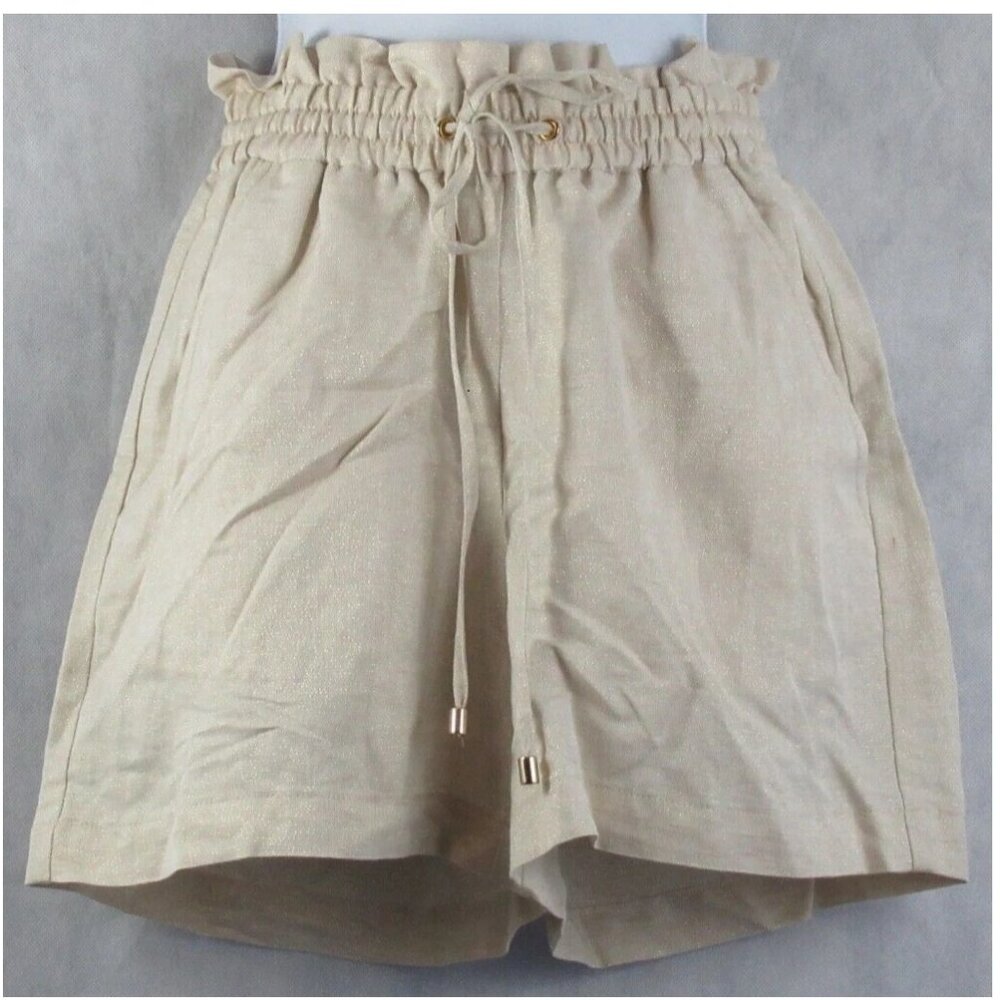 INC Women's High-Rise Shiny Metallic Drawstring Shorts, Toasted Twine Beige, XS